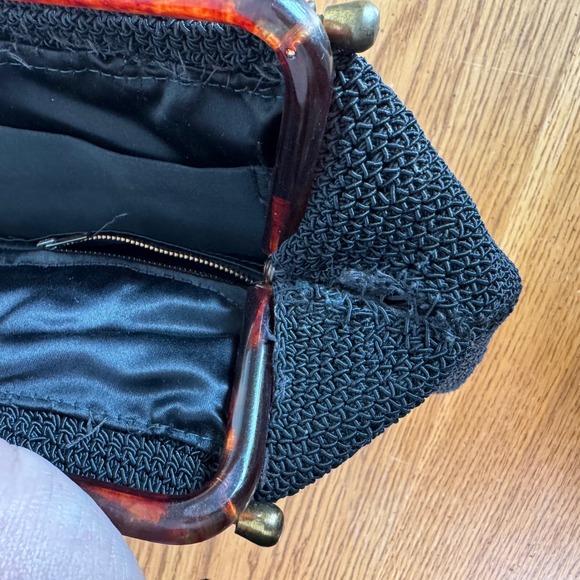 Vintage Glass Bead Floral Handbag Black Corde Lucite Tortoise Handle Purse - Picture 3 of 14